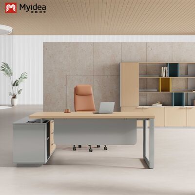 شراء مكتبة تنفيذية من الخشب الصلب Myidea على شكل حرف L مع خزانة فرعية وأقدام معدنية متعددة لمبنى المكاتب online manufacture