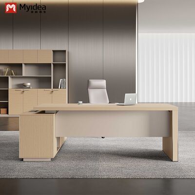 Myidea Solid Wood L-Shaped Executive Desk with Sub Cabinet and Aluminum Alloy Edge-covered Feet for Office Building