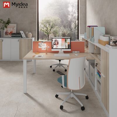 Two Staff Members Facing Each Other, Office Desk, Bright Color Screen,Storage Cabinet with Unique Shape